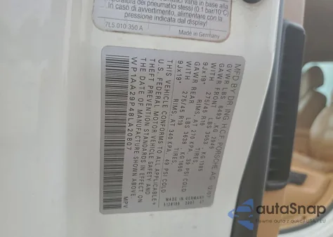 2008 Porsche Cayenne z USA, uszkodzony, nr VIN WP1AA29P48LA20807